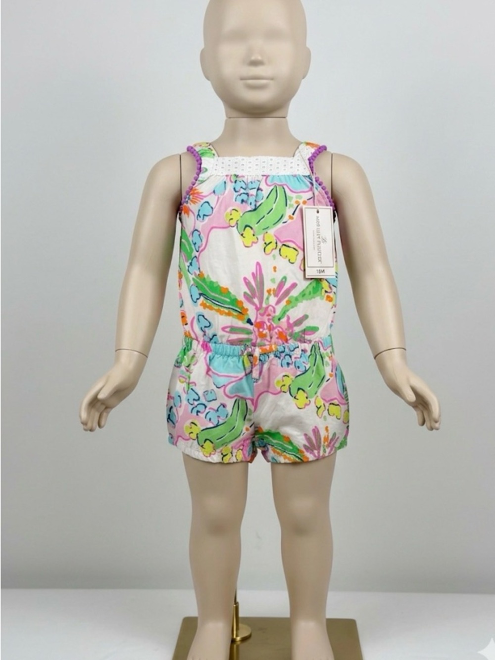 Lilly Pulitzer White Tropical Floral Romper with Pink Green Purple Accents